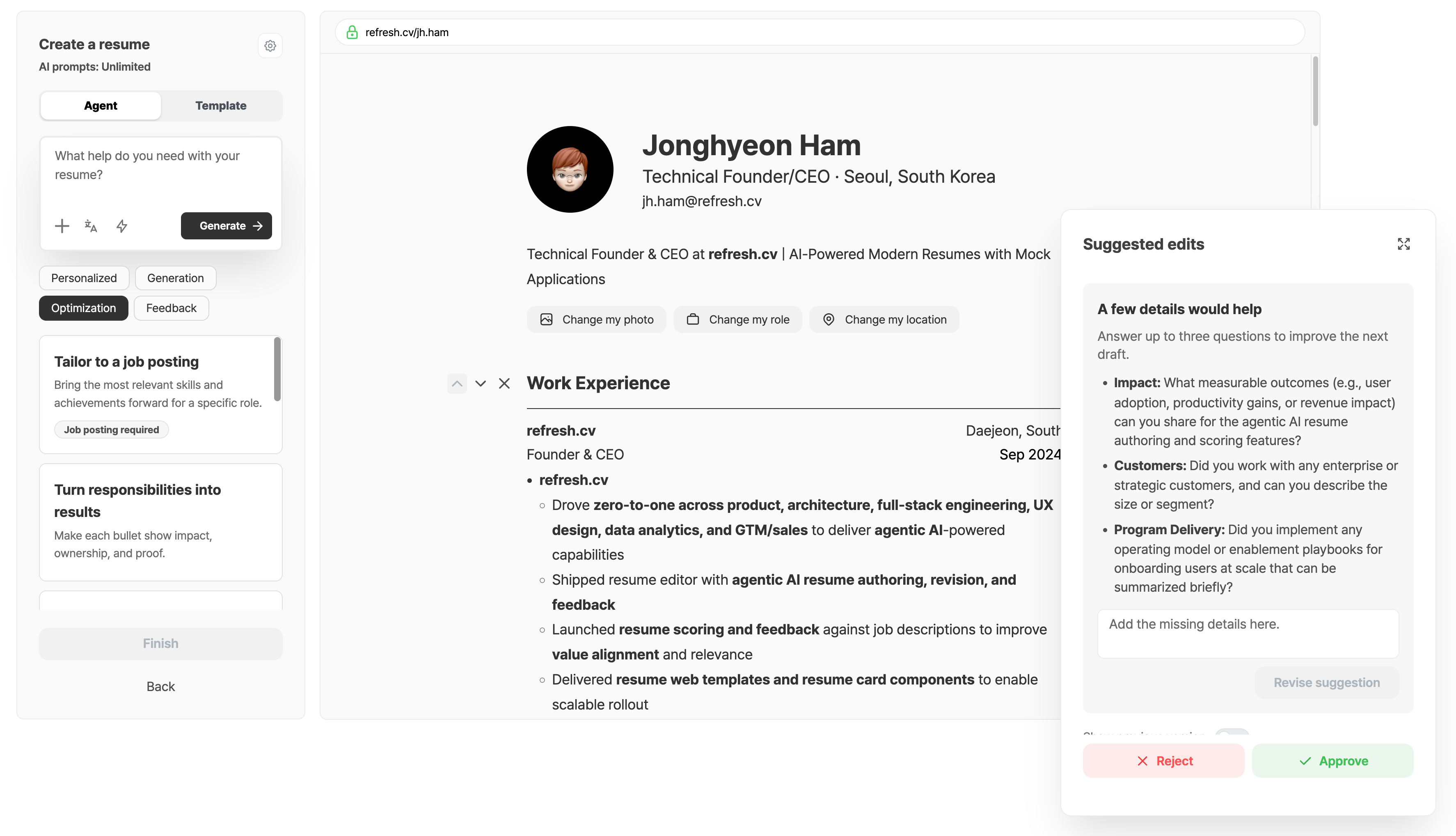 refresh.cv Agentic Resume Builder suggested edits screenshot