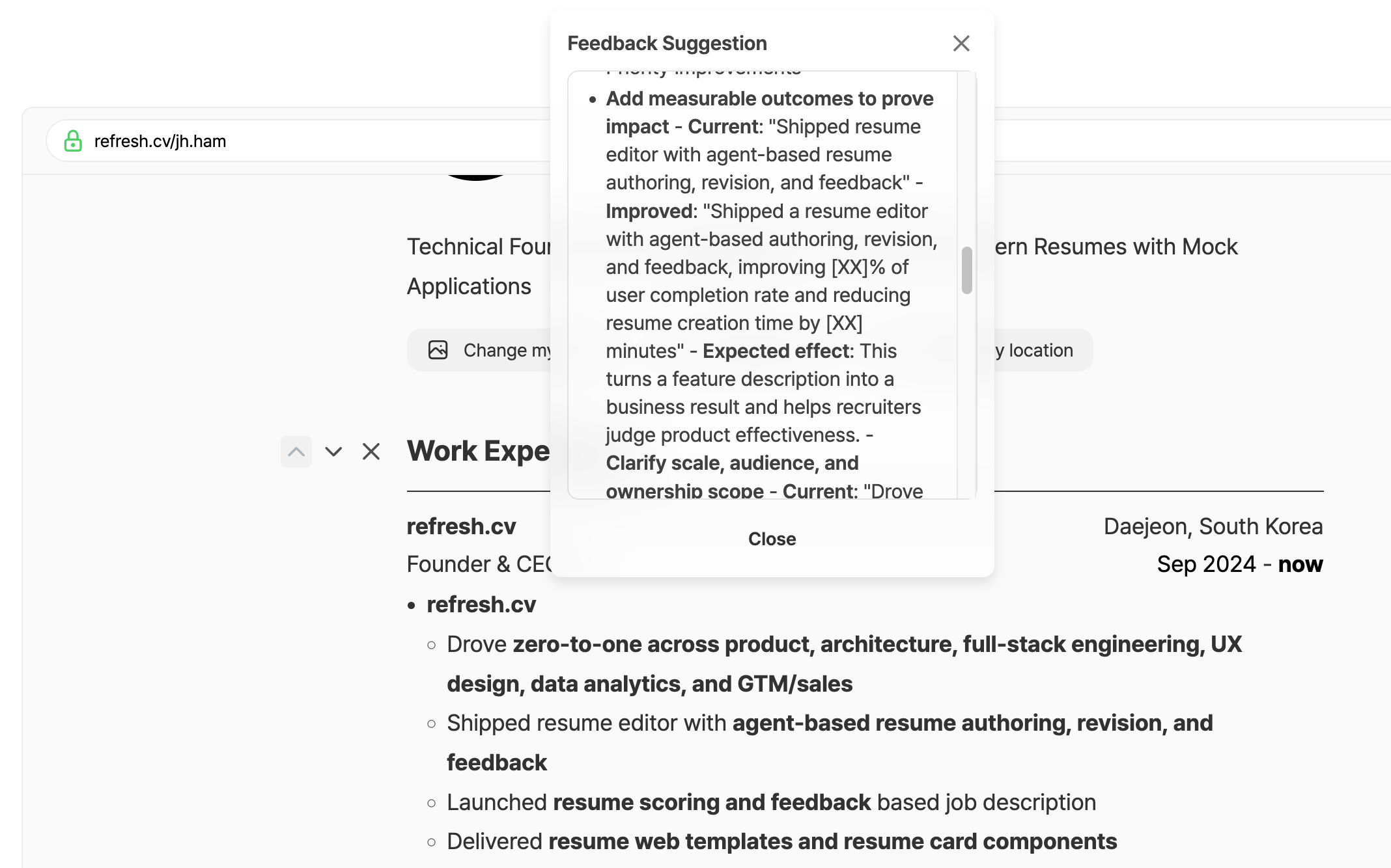 refresh.cv Agentic Resume Builder feedback suggestion screenshot